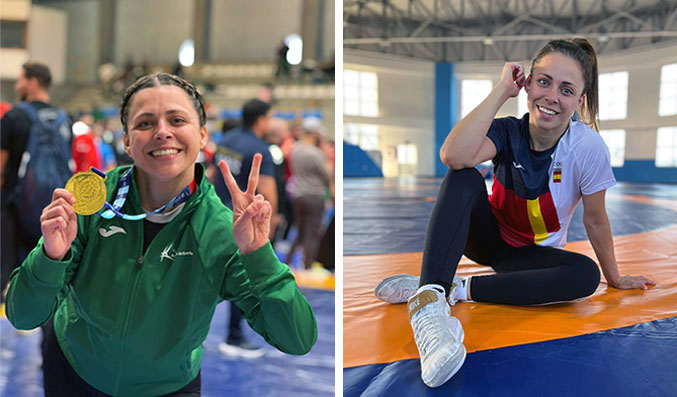 Dos fotografías lado a lado de Marina Rueda en contextos deportivos.  En la imagen de la izquierda, Marina sonríe sosteniendo una medalla dorada y haciendo un gesto de “paz” con la mano. Lleva una chaqueta deportiva verde y está en lo que parece un evento deportivo, con otras personas y ambiente interior difuminado al fondo.  En la imagen de la derecha, Marina está sentada en el suelo de una colchoneta deportiva, sonriendo y apoyada sobre una mano. Viste un uniforme deportivo con los colores de la bandera de España (rojo, amarillo, navy y blanco) y zapatillas blancas. El ambiente es amplio y luminoso, probablemente un gimnasio o centro de entrenamiento.