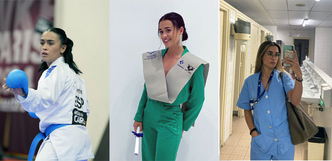 Tres fotografías de la karateca Alba Pinilla en diferentes contextos. A la izquierda, ella está vestida con un uniforme de karate blanco, cinturón azul y guantes azules, en posición de combate, mirando hacia un lado. En el centro, aparece con un mono verde y una banda de graduación gris sobre los hombros, sosteniendo un diploma y sonriendo. A la derecha, viste un uniforme médico azul claro, lleva un estetoscopio al cuello y se toma una selfie en un baño de hospital, con una bolsa grande colgada al hombro.