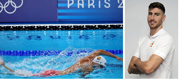 Fotografía compuesta por dos imágenes, ambas del nadador extremeño César Castro:  A la izquierda, César Castro compitiendo en natación estilo libre en una piscina, llevando un gorro blanco con la bandera de España y gafas. El fondo muestra parte de la palabra "PARIS" y símbolos olímpicos, indicando un evento relacionado con los Juegos Olímpicos de París.  A la derecha, retrato de César Castro de pie, con los brazos cruzados y vestido con un polo blanco que lleva el escudo de España. Mira a la cámara con una leve sonrisa, posando sobre fondo blanco.