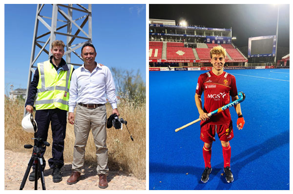 Montaje de dos fotos. A la izquierda, dos hombres de pie sobre terreno de tierra y piedras, rodeados de vegetación seca. Uno lleva chaleco reflectante amarillo y casco blanco en la mano, el otro viste camisa blanca arremangada y pantalón claro. Ambos sonríen y uno sostiene una cámara fotográfica. Hay un trípode y una estructura metálica en el fondo bajo un cielo azul. A la derecha, aparece el jugador César Curiel, vestido con un uniforme deportivo rojo y medias rojas, sosteniendo un palo de hockey en un campo azul de hockey hierba. Está sonriendo, de pie en el campo con las gradas y luces del estadio al fondo, durante la noche.