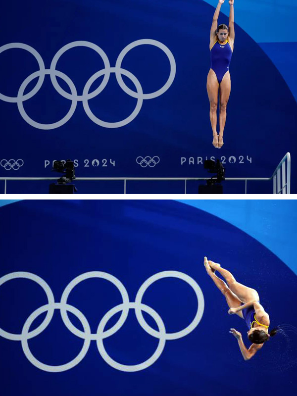 Un montaje de dos fotos de una clavadista frente a un fondo azul con los aros olímpicos y el texto “PARIS 2024”.  En la imagen superior, Valeria Antolino con bañador azul con detalles amarillos está en el aire, en posición vertical, con los brazos estirados hacia arriba y las piernas juntas, como en el inicio de un salto. El fondo muestra los cinco aros olímpicos grandes a la izquierda y, abajo, “PARIS 2024” y aros pequeños.  En la imagen inferior, la misma clavadista aparece en el aire girando hacia adelante, con el cuerpo curvado y las piernas juntas, como en una fase de voltereta antes de entrar al agua. Se ven los aros olímpicos grandes a la izquierda sobre el mismo fondo azul.