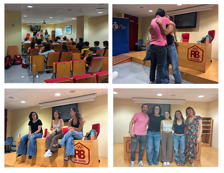 Collage de cuatro fotos tomadas en una sala de conferencias o aula.  En la imagen superior izquierda, se observa a un grupo de personas sentadas en sillas de madera con respaldos rojos, mirando hacia el frente donde hay tres mujeres de pie, aparentemente dando una charla o presentación. La sala es pequeña, con paredes beige y luz blanca de techo.  En la imagen superior derecha, dos personas se abrazan de pie junto a una tarima de madera con el logo “RB CAR MADRID” en el frontal. Al fondo se ve una pantalla y una silla roja.  En la imagen inferior izquierda, tres mujeres están sentadas sobre la tarima de madera, conversando y sonriendo. Todas visten ropa casual y parecen relajadas.  En la imagen inferior derecha, cinco personas (tres mujeres y dos hombres) posan juntas y sonrientes frente a la tarima. Están de pie, abrazados o muy juntos, mostrando camaradería.  El ambiente general es informal y amigable, probablemente relacionado con una charla, taller o evento educativo.