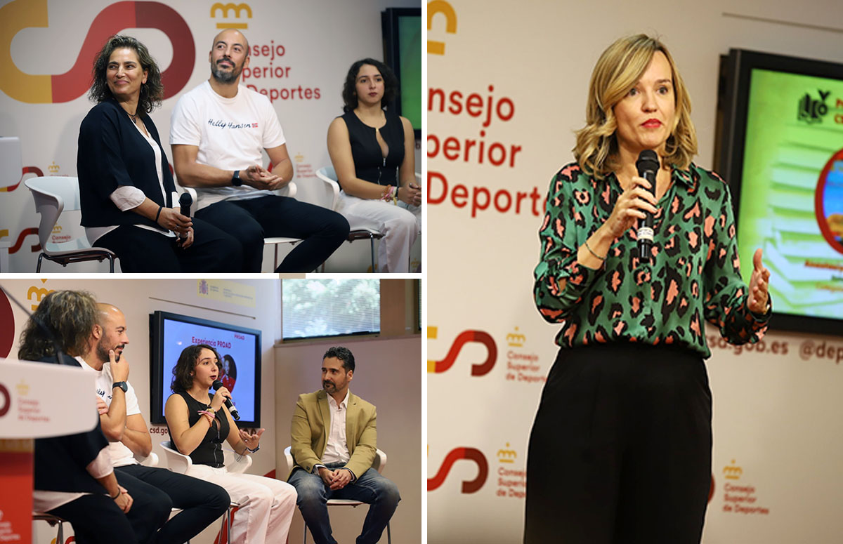 Personas participando en una mesa redonda o panel de discusión en un evento institucional. En las imágenes se pueden ver a varias personas sentadas en sillas blancas, conversando y usando micrófonos. El fondo es una pared con el logo del Consejo Superior de Deportes, además de la frase "Consejo Superior de Deportes", que aparece repetida en varias partes. Una de las imágenes muestra a una mujer rubia de pie hablando y gesticulando con un micrófono. En otra de las fotos, una joven está participando activamente en la conversación, mientras dos hombres (uno con camiseta blanca y otro con chaqueta beige) la escuchan atentamente. El ambiente es profesional y formal, relacionado con el ámbito deportivo y gubernamental de España.