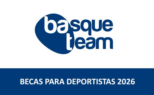 Logotipo azul de “basque team” sobre fondo blanco. Debajo aparece una franja azul oscura con el texto en blanco: “BECAS PARA DEPORTISTAS 2026”.
