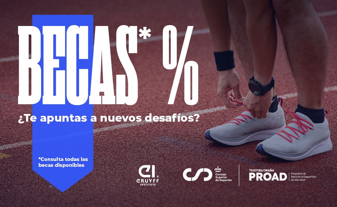 Una imagen que muestra a una persona atándose los cordones de unas zapatillas deportivas blancas con cordones rosas, sobre una pista de atletismo de color rojo. A la izquierda, hay un gran texto en blanco que dice "BECAS* %" sobre un fondo azul en forma de cinta. Debajo, en letras blancas, está la pregunta "¿Te apuntas a nuevos desafíos?". En la parte inferior izquierda, en letras pequeñas blancas, dice "*Consulta todas las becas disponibles". En la parte inferior central y derecha hay tres logotipos: el primero es del "Cruyff Institute", el segundo del "Consejo Superior de Deportes" y el tercero del "Programa de Atención al Deportista de Alto Nivel" (PROAD) de Team España.