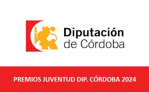 La imagen muestra el logotipo de la Diputación de Córdoba. A la izquierda, hay un diseño gráfico en amarillo sobre un fondo blanco y rojo. A la derecha, está el texto "Diputación de Córdoba" en negro. Debajo, sobre un fondo rojo, está el texto "PREMIOS JUVENTUD DIP. CÓRDOBA 2024" en blanco.