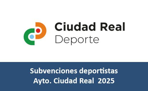 Logo colorido del área de deportes del Ayuntamiento de Ciudad Real, compuesto por elementos circulares en verde y naranja que forman una figura simétrica. Junto al logo, aparece el texto "Ciudad Real Deporte". Debajo, sobre un fondo azul, se lee en blanco: "Subvenciones deportistas Ayto. Ciudad Real 2025".
