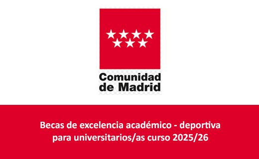Logotipo rojo con siete estrellas blancas de la Comunidad de Madrid, con el texto “Comunidad de Madrid” en negro debajo. En la franja roja inferior aparece el texto en blanco: “Becas de excelencia académico - deportiva para universitarios/as curso 2025/26”.
