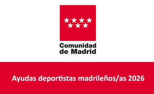 Logotipo y banner informativo de la Comunidad de Madrid. En la parte superior aparece un cuadrado rojo con siete estrellas blancas de cinco puntas en dos filas (4 arriba y 3 abajo). Debajo del cuadrado se lee “Comunidad de Madrid” en letras negras. En la mitad inferior hay una franja roja con texto blanco que dice: “Ayudas deportistas madrileños/as 2026”.
