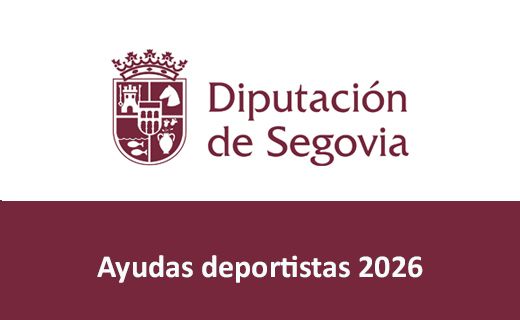 Logotipo y texto institucional de la Diputación de Segovia sobre fondo blanco y gran franja granate en la parte inferior. En la parte superior izquierda aparece un escudo granate con una corona encima; dentro del escudo se distinguen varios elementos (un castillo, un acueducto u arcos, un árbol y otras figuras pequeñas). A la derecha del escudo está el texto en granate: “Diputación de Segovia”. En la franja inferior granate aparece texto blanco centrado: “Ayudas deportistas 2026”.