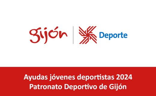 La imagen muestra dos logotipos en la parte superior. A la izquierda, está el logotipo de "Gijón" en letras rojas. A la derecha, hay un logotipo con un diseño geométrico en rojo seguido de la palabra "Deporte" en azul. Debajo de los logotipos, sobre un fondo rojo, está el texto en blanco que dice: "Ayudas jóvenes deportistas 2024 Patronato Deportivo de Gijón".