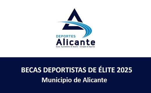 Cartel informativo. En la parte superior aparece el logotipo de "Deportes Alicante", que incluye una letra "A" estilizada con una línea curva azul que la atraviesa. Debajo del logotipo, en letras grandes y blancas sobre un fondo azul oscuro, se lee: "BECAS DEPORTISTAS DE ÉLITE 2025 Municipio de Alicante". El cartel parece anunciar una convocatoria de becas para deportistas de alto nivel en el municipio de Alicante.