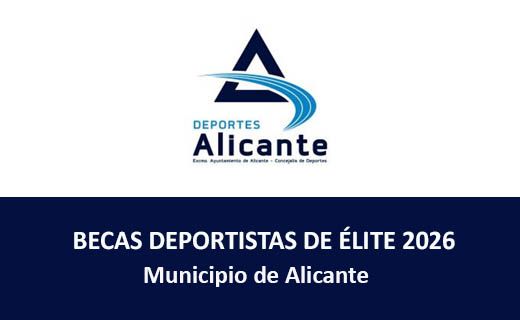 Logotipo triangular azul con una forma curva celeste.  Texto en la parte superior: “DEPORTES Alicante Excmo. Ayuntamiento de Alicante · Concejalía de Deportes”  Texto en la franja azul inferior: “BECAS DEPORTISTAS DE ÉLITE 2026 Municipio de Alicante”