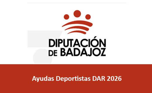 Logotipo de la Diputación de Badajoz en la parte superior, con un fondo blanco y detalles en rojo, seguido de un recuadro rojo en la parte inferior que contiene el texto: Ayudas Deportistas DAR 2026.
