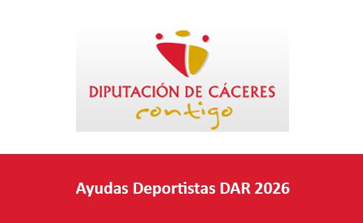 Un logotipo institucional sobre fondo blanco con un símbolo abstracto en rojo y amarillo. Debajo aparece el texto “DIPUTACIÓN DE CÁCERES” y, en estilo manuscrito, “contigo”. En la mitad inferior hay una franja roja con el texto en blanco: “Ayudas Deportistas DAR 2026”.