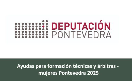 Logotipo de la Diputación de Pontevedra en la parte superior, acompañado por texto en la parte inferior que dice: "Ayudas para formación técnicas y árbitras - mujeres Pontevedra 2025". La imagen promociona unas ayudas o subvenciones destinadas a la formación de mujeres en roles técnicos y de arbitraje para el año 2025 en la provincia de Pontevedra.