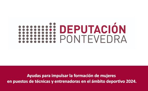 La imagen muestra el logotipo de la Diputación de Pontevedra, que consiste en una serie de puntos grises y un punto rojo, seguido del texto "DEPUTACIÓN PONTEVEDRA". Debajo, en un fondo de color burdeos, hay un texto que dice: "Ayudas para impulsar la formación de mujeres en puestos de técnicas y entrenadoras en el ámbito deportivo 2024."