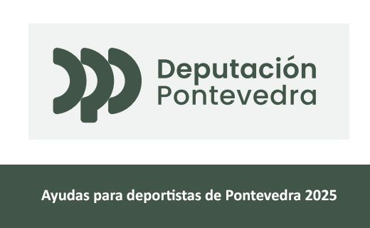 Un cartel con el logo y nombre de la Diputación de Pontevedra en la parte superior. Debajo, en fondo oscuro, aparece el texto en blanco que dice: "Ayudas para deportistas de Pontevedra 2025".