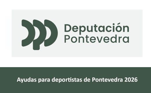 Logotipo verde de la Diputación de Pontevedra con un símbolo formado por tres formas curvas a la izquierda y el texto “Deputación Pontevedra” a la derecha. Debajo, sobre un fondo verde oscuro, aparece el texto: “Ayudas para deportistas de Pontevedra 2026”.