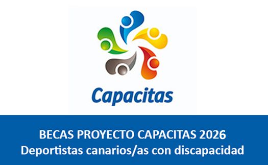 Un logotipo multicolor con seis figuras humanas estilizadas formando un círculo en espiral sobre un fondo blanco. Debajo aparece la palabra “Capacitas” en letras azules. En la parte inferior hay una franja azul oscuro con texto blanco.  Texto visible (verbatim): Capacitas BECAS PROYECTO CAPACITAS 2026 Deportistas canarios/as con discapacidad