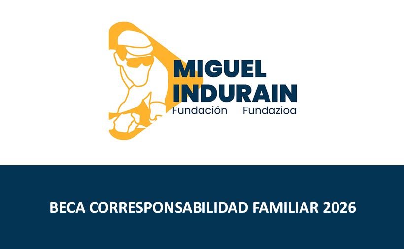 Logotipo de la Fundación Miguel Indurain, con la silueta estilizada de un ciclista en color amarillo a la izquierda y el nombre “MIGUEL INDURAIN” en letras mayúsculas azules a la derecha. Debajo del nombre aparecen las palabras “Fundación” y “Fundazioa” en letras más pequeñas. En la franja azul de la parte inferior se lee el texto en blanco: “BECA CORRESPONSABILIDAD FAMILIAR 2026”.