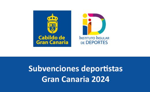 La imagen contiene dos logotipos en la parte superior. A la izquierda, el logotipo del "Cabildo de Gran Canaria" que incluye un escudo amarillo sobre un fondo azul. A la derecha, el logotipo del "Instituto Insular de Deportes" que es colorido y estilizado. Debajo de los logotipos, hay un texto que dice: "Subvenciones deportistas Gran Canaria 2024" sobre un fondo azul.