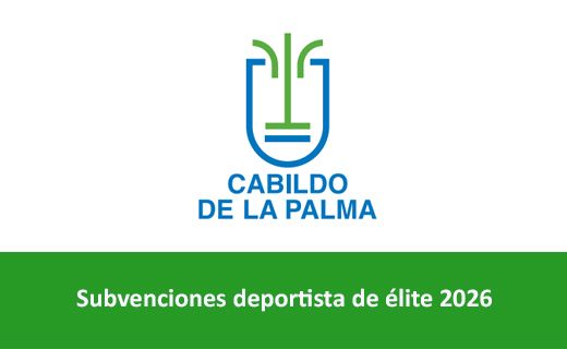 Logotipo del Cabildo de La Palma sobre fondo blanco. El logotipo tiene un contorno azul en forma de escudo alargado, con líneas verdes estilizadas en la parte superior que recuerdan a una palmera y una línea horizontal azul en la parte inferior.  Debajo del logotipo aparece el texto en azul: “CABILDO DE LA PALMA”  En la parte inferior de la imagen hay una franja verde. Dentro de la franja, en texto blanco, pone: “Subvenciones deportista de élite 2026”