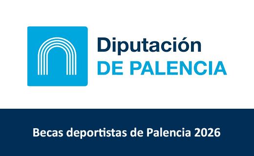 Logotipo azul y blanco con un arco estilizado en un cuadrado azul a la izquierda. A la derecha del símbolo aparece el texto: “Diputación DE PALENCIA”  En la franja azul oscura de la parte inferior se lee: “Becas deportistas de Palencia 2026”.