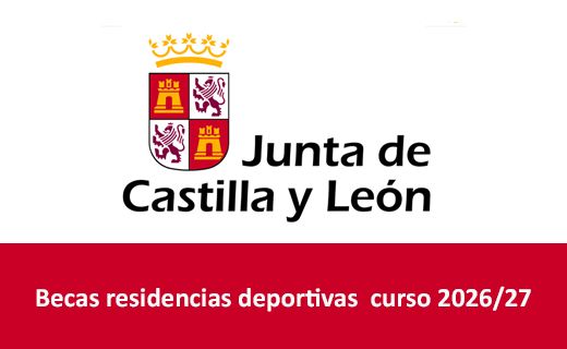 Logotipo institucional con el escudo de la Junta de Castilla y León y texto informativo sobre becas. En la parte superior, sobre fondo blanco, aparece el escudo cuartelado de Castilla y León en rojo, blanco y amarillo, coronado con una corona dorada. A la derecha del escudo está el texto en negro: “Junta de Castilla y León”.  En la franja inferior, de color rojo, aparece el texto en blanco: “Becas residencias deportivas curso 2026/27”.