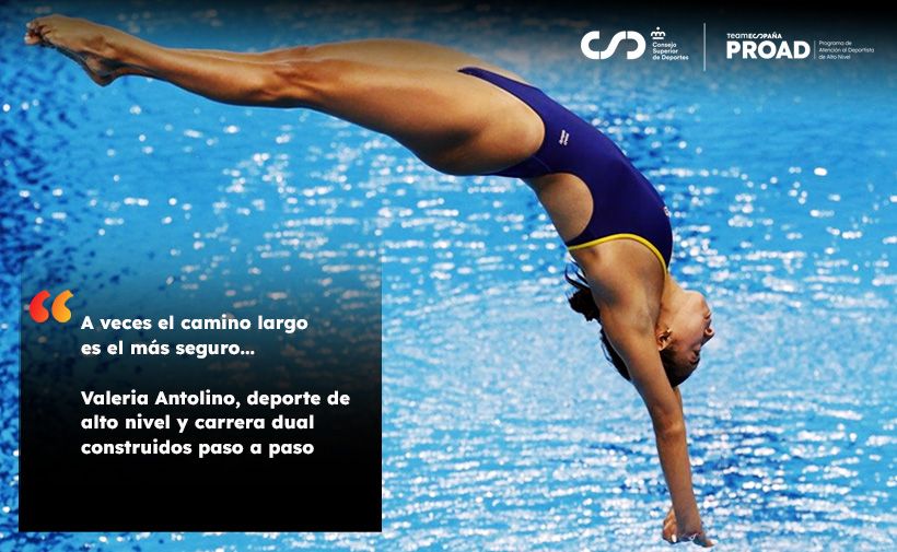 Valeria Antolino, clavadista en traje de baño morado aparece en el aire, en posición arqueada hacia atrás, a punto de entrar al agua de una piscina azul.  En la esquina superior derecha hay logotipos y texto institucional. En la parte inferior izquierda hay un recuadro negro semitransparente con un mensaje motivacional en español.  Texto visible: Consejo Superior de Deportes TEAM ESPAÑA PROAD Programa Atención al Deportista de Alto Nivel “A veces el camino largo es el que mejor te prepara para llegar a tu meta…” Valeria Antolino, deporte de alto nivel y carrera dual construidos paso a paso