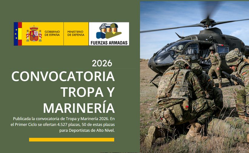 Cartel informativo de la convocatoria de Tropa y Marinería 2026 de las Fuerzas Armadas de España. A la izquierda, aparecen los logotipos oficiales del Gobierno de España, el Ministerio de Defensa y las Fuerzas Armadas. El texto indica que se han publicado 4.527 plazas para el Primer Ciclo, de las cuales 50 están destinadas a Deportistas de Alto Nivel.  A la derecha, hay una fotografía de varios soldados uniformados en ejercicio, junto a un helicóptero militar en tierra, en una zona de campo. Los soldados llevan equipamiento de combate y algunos parecen interactuar entre ellos, posiblemente en una maniobra o instrucción.