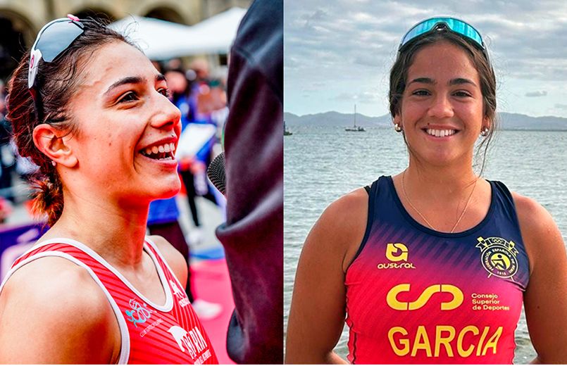 •	Un collage de dos fotos de una mujer joven deportista.  En la imagen de la izquierda, la mujer aparece de perfil, sonriendo con la boca abierta. Lleva el pelo recogido y gafas de sol colocadas sobre la cabeza. Viste una camiseta deportiva roja con tirantes y detalles blancos; se alcanza a leer “PERÚ” en el pecho. La piel es de tono medio. El fondo está desenfocado y parece un evento al aire libre con gente.  En la imagen de la derecha, la mujer aparece de frente, sonriendo. Lleva gafas de sol sobre la cabeza y una camiseta deportiva sin mangas con degradado rojo y azul. En el centro se lee “GARCÍA” en letras amarillas y también aparecen logos; uno dice “Consejo Superior de Deportes” y otro “austral”. Detrás hay agua (mar o lago) y al fondo se distinguen barcos pequeños y una línea de montañas bajo un cielo nublado. Se trata de la triatleta Marina Muñoz y la remera Alejandra García