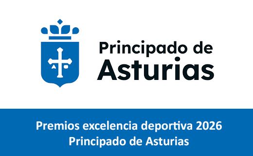 Escudo azul con la Cruz de la Victoria en blanco y una corona estilizada en la parte superior.  A la derecha del escudo aparece el texto: “Principado de Asturias”.  En la franja azul de la parte inferior se lee: “Premios excelencia deportiva 2026 Principado de Asturias”.