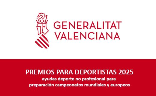 La imagen contiene el logotipo de la Generalitat Valenciana en la parte superior, que incluye un escudo estilizado. Debajo del logotipo, hay un texto que dice "GENERALITAT VALENCIANA". En la parte inferior de la imagen, sobre un fondo rojo, se encuentra el texto "PREMIOS PARA DEPORTISTAS 2025 ayudas deporte no profesional para preparación campeonatos mundiales y europeos".