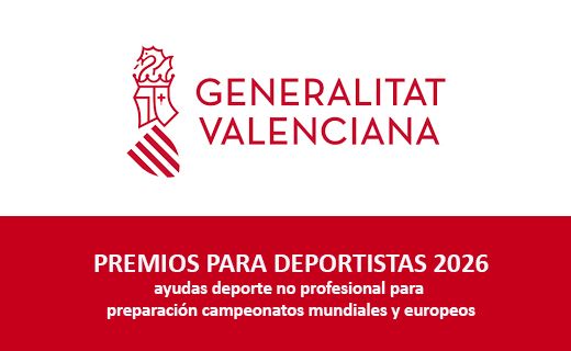 Logotipo de la Generalitat Valenciana y texto promocional. En la parte superior aparece el logotipo y el nombre "GENERALITAT VALENCIANA" en letras rojas. Debajo, sobre un fondo rojo, se lee:  PREMIOS PARA DEPORTISTAS 2026 ayudas deporte no profesional para preparación campeonatos mundiales y europeos  La imagen informa sobre premios y ayudas económicas dirigidas a deportistas no profesionales para la preparación de campeonatos mundiales y europeos en 2026.