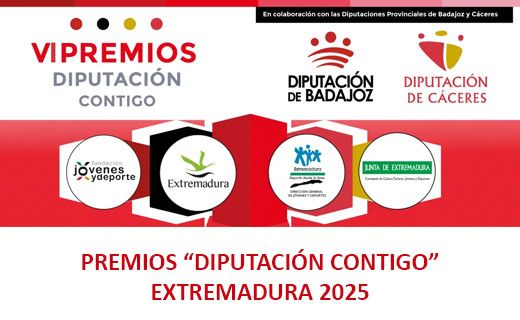 Cartel de los “VIPREMIOS DIPUTACIÓN CONTIGO” de Extremadura 2025. En la parte superior aparecen los logotipos de la Diputación de Badajoz y la Diputación de Cáceres, junto con el texto “En colaboración con las Diputaciones Provinciales de Badajoz y Cáceres”. En la franja central hay varios logotipos de organismos y fundaciones relacionadas con el deporte y la juventud en Extremadura, incluyendo el Gobierno de Extremadura y la Fundación Jóvenes y Deporte, entre otros. En la parte inferior, en letras rojas, aparece el texto: “PREMIOS ‘DIPUTACIÓN CONTIGO’ EXTREMADURA 2025”. El fondo es mayoritariamente rojo y blanco.