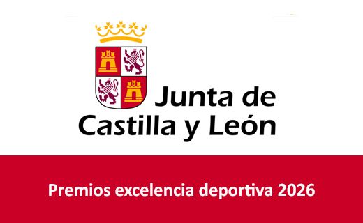 Logotipo institucional y cartel informativo de la Junta de Castilla y León. En la parte superior izquierda aparece un escudo con una corona dorada encima; el escudo está dividido en cuatro cuarteles con castillos amarillos sobre fondo rojo y leones morados sobre fondo blanco. A la derecha del escudo aparece el texto grande en negro: “Junta de Castilla y León”. En la parte inferior hay una franja ancha de color rojo oscuro con texto centrado en blanco que dice: “Premios excelencia deportiva 2026”. Fondo blanco.
