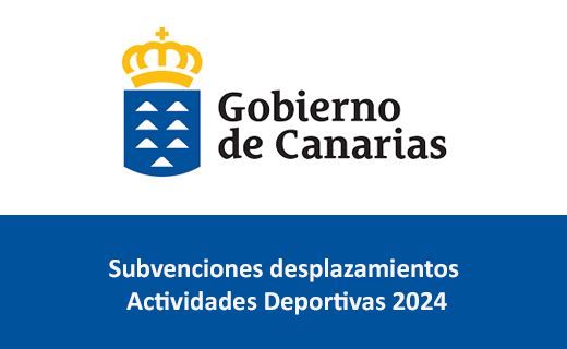 La imagen muestra un anuncio del "Gobierno de Canarias". En la parte superior izquierda, hay un escudo azul con una corona dorada encima. A la derecha del escudo, está el texto "Gobierno de Canarias" en letras negras. Debajo, en un fondo azul, está el texto "Subvenciones desplazamientos Actividades Deportivas 2024" en letras blancas.